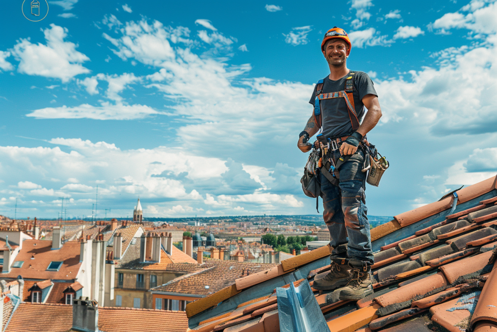 Un artisan couvreur souriant, sur la toiture d'une maison à Toulouse