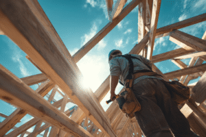 Charpentier en plein travail sur une toiture à ossature bois, vu du sol avec ciel bleu en fond.